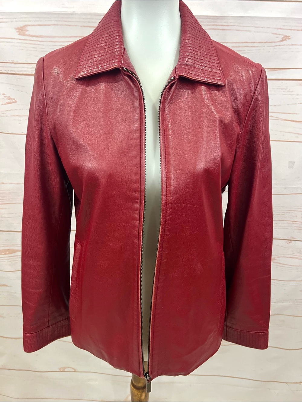 Vintage Y2K Couture J. Park Crimson Red Lamb Leather Quilted Collar Jacket